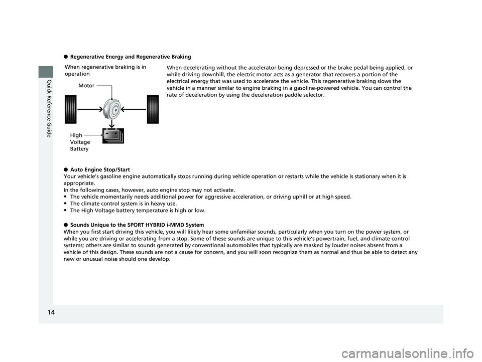 HONDA ACCORD SEDAN 2018   (in English) User Guide 14
Quick Reference Guide
●Regenerative Energy and Regenerative Braking
When decelerating without the accelerator being depressed or the brake pedal being applied, or 
while driving downhill, the ele