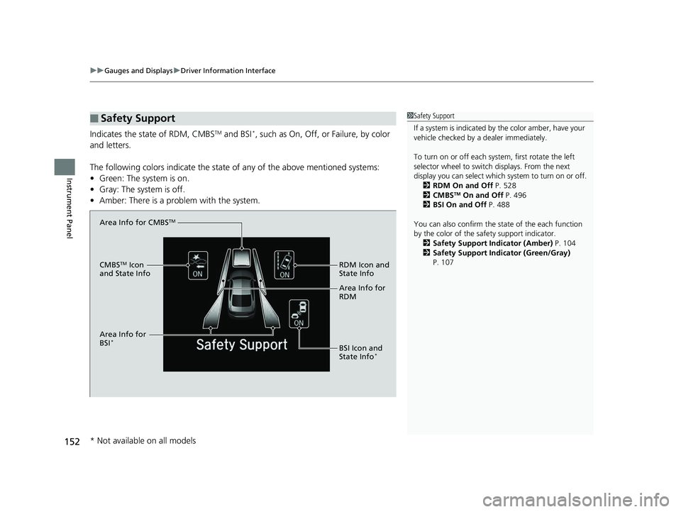 HONDA ACCORD SEDAN 2018 Owners Manual (in English) uuGauges and Displays uDriver Information Interface
152
Instrument Panel
Indicates the state of RDM, CMBSTM and BSI*, such as On, Off, or Failure, by color
and letters.
The following colors indica te HONDA ACCORD SEDAN 2018 Owners Manual (in English) uuGauges and Displays uDriver Information Interface
152
Instrument Panel
Indicates the state of RDM, CMBSTM and BSI*, such as On, Off, or Failure, by color
and letters.
The following colors indica te