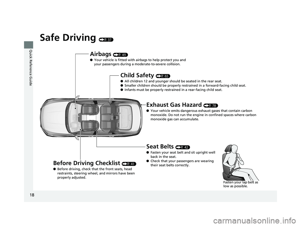 HONDA ACCORD SEDAN 2018   (in English) User Guide 18
Quick Reference Guide
Safe Driving (P 37)
Airbags (P 49)
● Your vehicle is fitted with airbags to help protect you and 
your passengers during a moderate-to-severe collision.
Child Safety (P 65)
