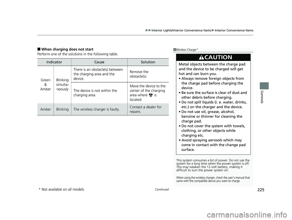 HONDA ACCORD SEDAN 2018  Owners Manual (in English) Continued225
uuInterior Lights/Interior Convenience Items uInterior Convenience Items
Controls
■When charging does not start
Perform one of the solutions in the following table.
IndicatorCauseSoluti