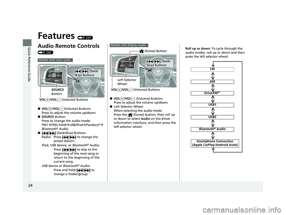 HONDA ACCORD SEDAN 2018 (in English) Owners Guide 24
Quick Reference Guide
Features (P 237)
Audio Remote Controls
(P 242)
●VOL
(+/VOL(- (Volume) Buttons
Press to adjust the volume up/down.
● SOURCE Button
Press to change the audio mode:
FM1 HONDA ACCORD SEDAN 2018 (in English) Owners Guide 24
Quick Reference Guide
Features (P 237)
Audio Remote Controls
(P 242)
●VOL
(+/VOL(- (Volume) Buttons
Press to adjust the volume up/down.
● SOURCE Button
Press to change the audio mode:
FM1 