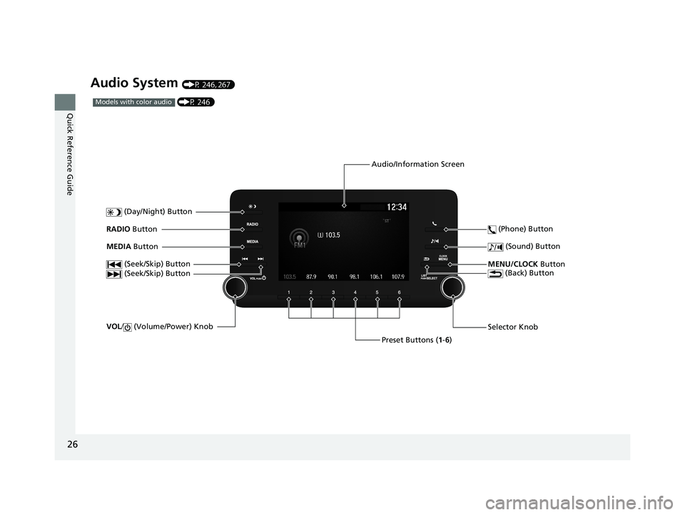 HONDA ACCORD SEDAN 2018 (in English) Owners Guide 26
Quick Reference Guide
Audio System (P 246, 267)
(P 246)Models with color audio
(Seek/Skip) Button
Selector Knob
(Day/Night) ButtonVOL
/ (Volume/Power) Knob
RADIO Button
(Sound) Button
Preset B HONDA ACCORD SEDAN 2018 (in English) Owners Guide 26
Quick Reference Guide
Audio System (P 246, 267)
(P 246)Models with color audio
(Seek/Skip) Button
Selector Knob
(Day/Night) ButtonVOL
/ (Volume/Power) Knob
RADIO Button
(Sound) Button
Preset B