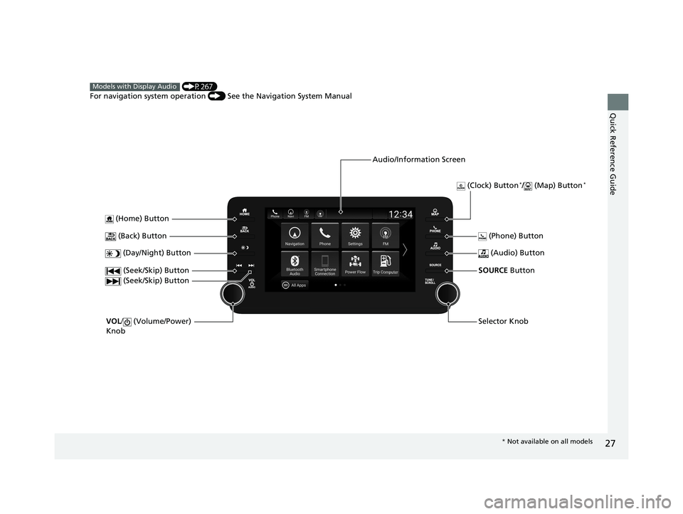 HONDA ACCORD SEDAN 2018 (in English) Owners Guide 27
Quick Reference Guide
(Home) Button
(Audio) Button
(Back) Button
Audio/Information Screen
(P267)
For navigation system operation () See the Navigation System Manual
Models with Display Audio
HONDA ACCORD SEDAN 2018 (in English) Owners Guide 27
Quick Reference Guide
(Home) Button
(Audio) Button
(Back) Button
Audio/Information Screen
(P267)
For navigation system operation () See the Navigation System Manual
Models with Display Audio