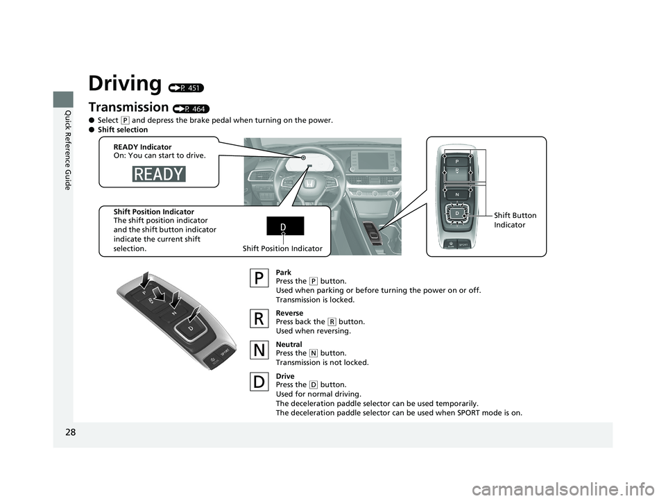 HONDA ACCORD SEDAN 2018 (in English) Owners Guide 28
Quick Reference Guide
Driving (P 451)
Transmission (P 464)
● Select
(P and depress the brake pedal when turning on the power.
● Shift selection
Park
Press the (P button.
Used when parking or b HONDA ACCORD SEDAN 2018 (in English) Owners Guide 28
Quick Reference Guide
Driving (P 451)
Transmission (P 464)
● Select
(P and depress the brake pedal when turning on the power.
● Shift selection
Park
Press the (P button.
Used when parking or b