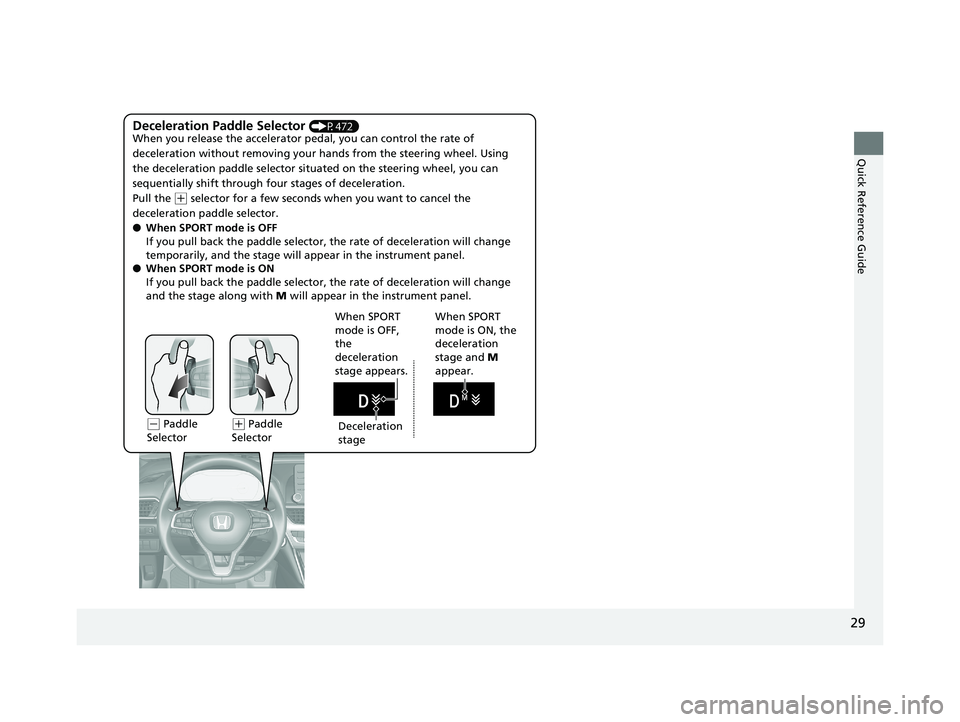 HONDA ACCORD SEDAN 2018   (in English) Owners Guide 29
Quick Reference Guide
Deceleration Paddle Selector (P472)
When you release the accelerator pedal, you can control the rate of 
deceleration without removing your hands from the steering wheel. Usin