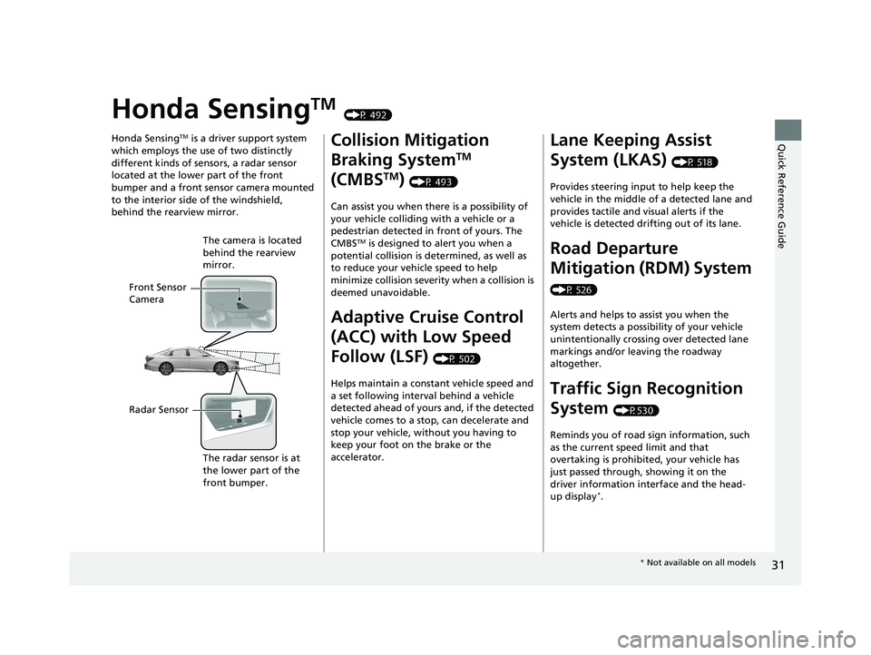 HONDA ACCORD SEDAN 2018  Owners Manual (in English) 31
Quick Reference Guide
Honda SensingTM (P 492)
Honda Sensing
TM is a driver support system 
which employs the use of two distinctly 
different kinds of sensors, a radar sensor 
located at the lower 