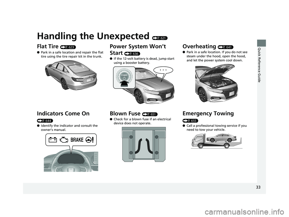 HONDA ACCORD SEDAN 2018  Owners Manual (in English) Quick Reference Guide
33
Handling the Unexpected (P 621)
Flat Tire (P 623)
● Park in a safe location and repair the flat 
tire using the tire repair kit in the trunk.
Indicators Come On 
(P 644)
●