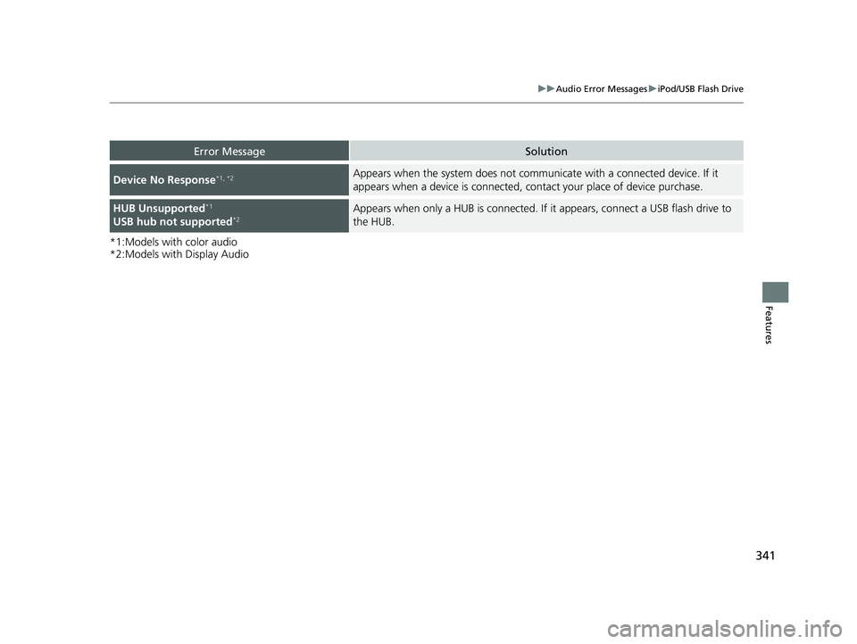 HONDA ACCORD SEDAN 2018 Owners Manual (in English) 341
uuAudio Error Messages uiPod/USB Flash Drive
Features
*1:Models with color audio
*2:Models with Display Audio
Error MessageSolution
Device No Response*1, *2Appears when the system does not communi HONDA ACCORD SEDAN 2018 Owners Manual (in English) 341
uuAudio Error Messages uiPod/USB Flash Drive
Features
*1:Models with color audio
*2:Models with Display Audio
Error MessageSolution
Device No Response*1, *2Appears when the system does not communi