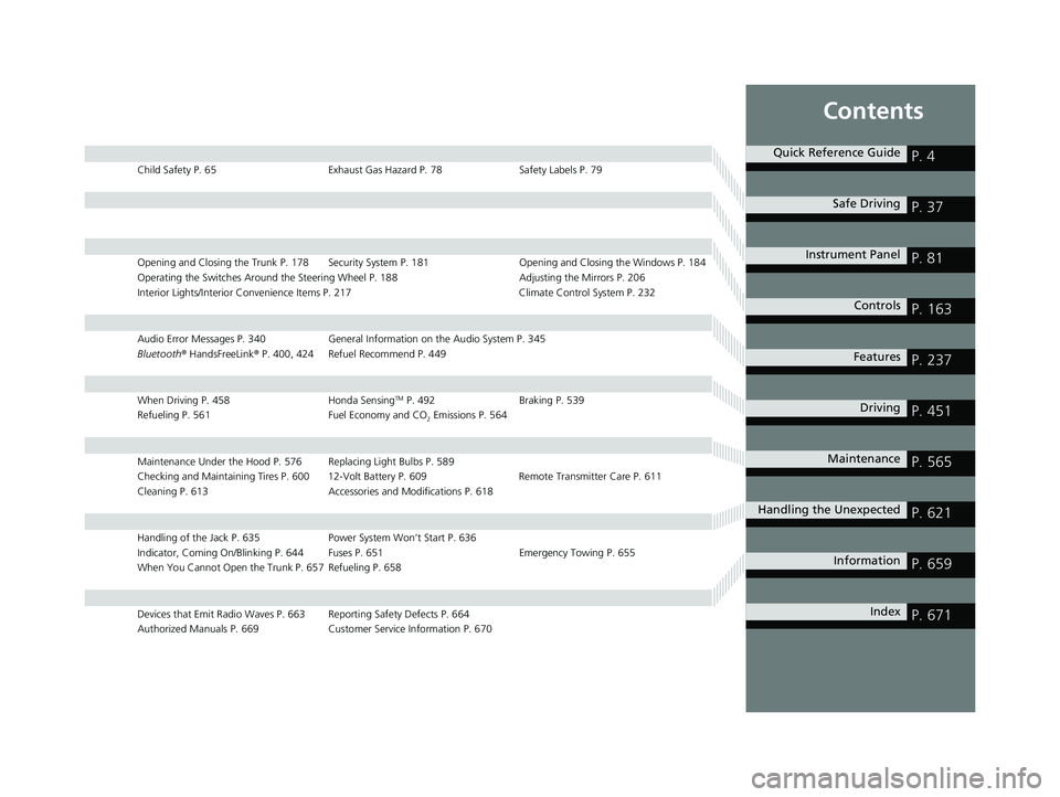 HONDA ACCORD SEDAN 2018  Owners Manual (in English) Contents
Child Safety P. 65Exhaust Gas Hazard P. 78Safety Labels P. 79
Opening and Closing the Trunk P. 178 Security System P. 181 Opening and Closing the Windows P. 184
Operating the Switches Around 