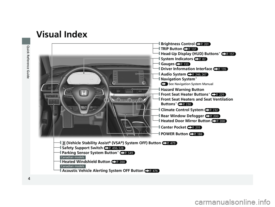 HONDA ACCORD SEDAN 2018  Owners Manual (in English) 4
Quick Reference Guide
Quick Reference Guide
Visual Index
❙POWER Button (P 188)
❙Climate Control System (P 232)
❙Center Pocket (P 219)
❙Safety Support Switch (P 496, 528)
❙Parking Sensor Sy