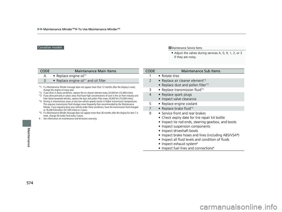 HONDA ACCORD SEDAN 2018  Owners Manual (in English) 574
uuMaintenance MinderTMuTo Use Maintenance MinderTM
Maintenance
1Maintenance Service Items
•Adjust the valves during services A, 0, 9, 1, 2, or 3 
if they are noisy.
Canadian models
*1: If a Main