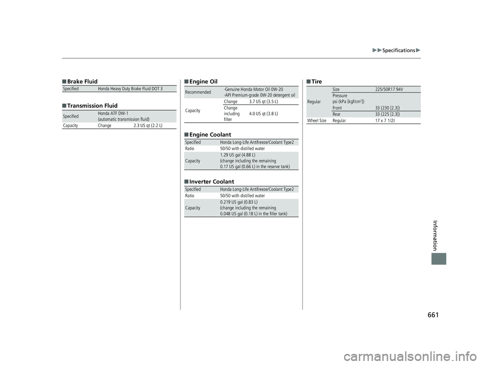 HONDA ACCORD SEDAN 2018  Owners Manual (in English) 661
uuSpecifications u
Information
■Brake Fluid
■ Transmission FluidSpecifiedHonda Heavy Duty Brake Fluid DOT 3
SpecifiedHonda ATF DW-1 
(automatic transmission fluid)
Capacity Change 2.3 US qt (2