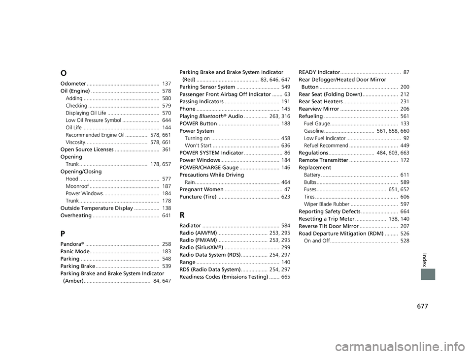 HONDA ACCORD SEDAN 2018  Owners Manual (in English) 677
Index
O
Odometer.................................................  137
Oil (Engine) ..............................................  578
Adding ...................................................  