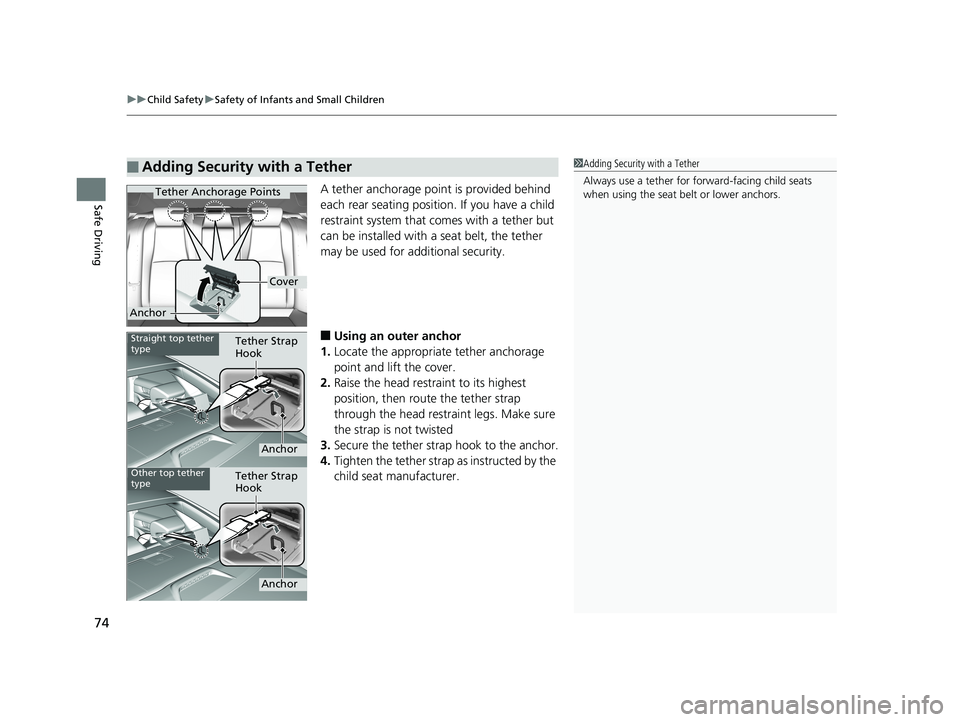 HONDA ACCORD SEDAN 2018   (in English) Manual PDF uuChild Safety uSafety of Infants and Small Children
74
Safe DrivingA tether anchorage point is provided behind 
each rear seating position. If you have a child 
restraint system that comes with a tet