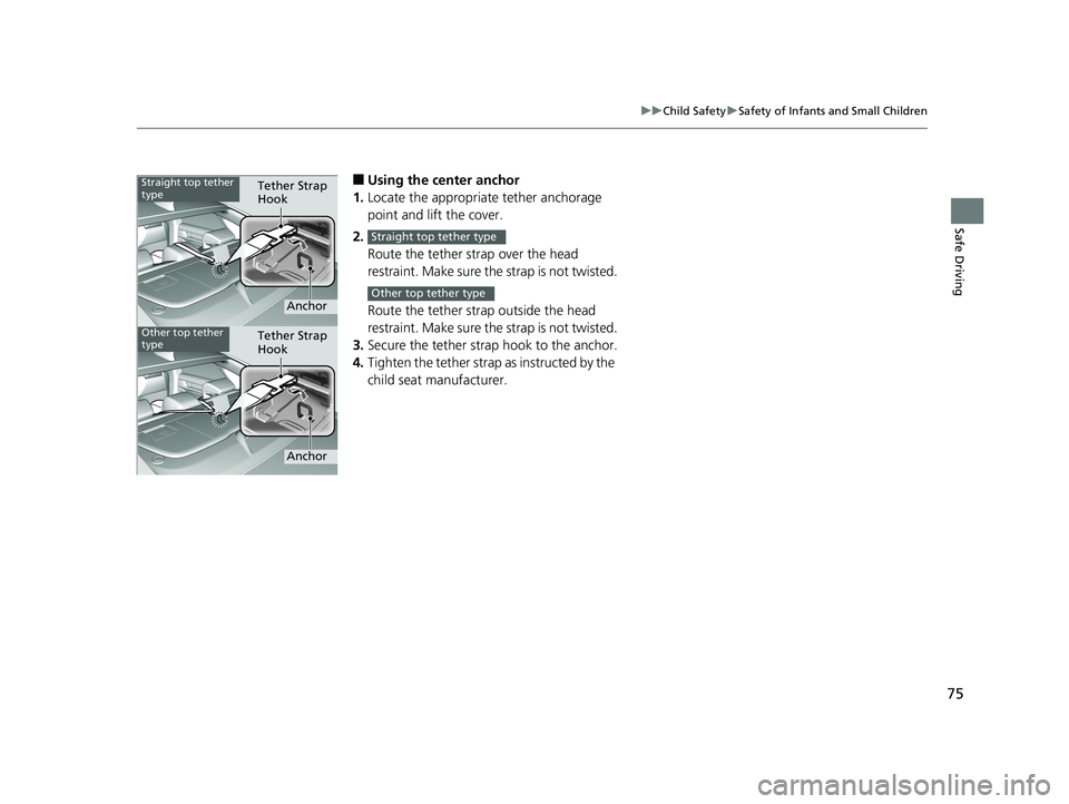 HONDA ACCORD SEDAN 2018   (in English) Manual PDF 75
uuChild Safety uSafety of Infants and Small Children
Safe Driving
■Using the center anchor
1. Locate the appropriate tether anchorage 
point and lift the cover.
2. Route the tether strap over the