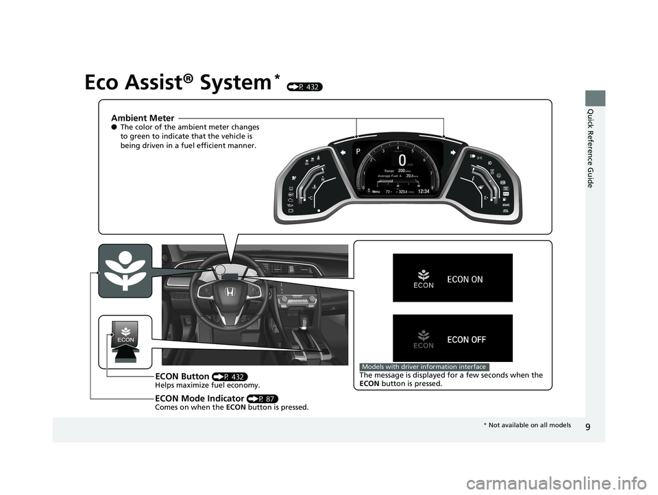 HONDA CIVIC COUPE 2018   (in English) User Guide 9
Quick Reference Guide
Eco Assist® System* (P 432)
200
323.412‰34
P
Menu40 80
Ambient Meter●The color of the ambient meter changes 
to green to indicate that the vehicle is 
being driven in a f