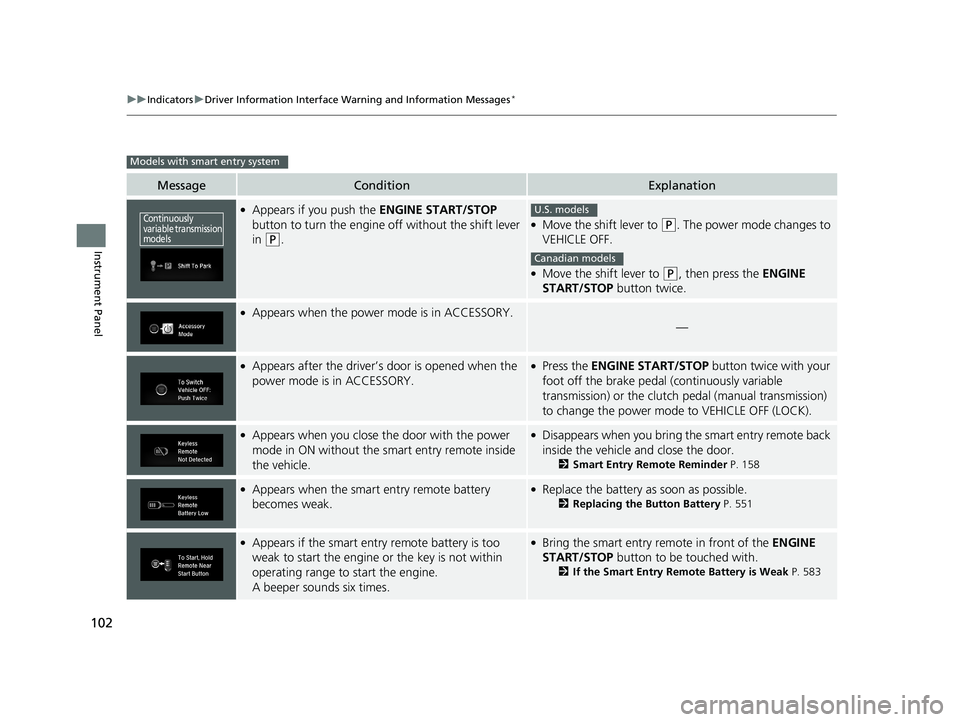 HONDA CIVIC COUPE 2018 Owners Manual (in English) 102
uuIndicators uDriver Information Interface Wa rning and Information Messages*
Instrument Panel
MessageConditionExplanation
●Appears if you push the ENGINE START/STOP
button to turn the engine HONDA CIVIC COUPE 2018 Owners Manual (in English) 102
uuIndicators uDriver Information Interface Wa rning and Information Messages*
Instrument Panel
MessageConditionExplanation
●Appears if you push the ENGINE START/STOP
button to turn the engine