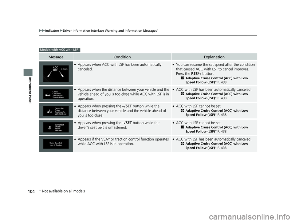 HONDA CIVIC COUPE 2018 Owners Manual (in English) 104
uuIndicators uDriver Information Interface Wa rning and Information Messages*
Instrument Panel
MessageConditionExplanation
●Appears when ACC with LSF has been automatically
canceled.●You can HONDA CIVIC COUPE 2018 Owners Manual (in English) 104
uuIndicators uDriver Information Interface Wa rning and Information Messages*
Instrument Panel
MessageConditionExplanation
●Appears when ACC with LSF has been automatically
canceled.●You can