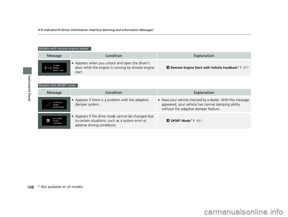 HONDA CIVIC COUPE 2018 Owners Manual (in English) 108
uuIndicators uDriver Information Interface Wa rning and Information Messages*
Instrument Panel
MessageConditionExplanation
●Appears when you unlock and open the driver’s
door while the engine HONDA CIVIC COUPE 2018 Owners Manual (in English) 108
uuIndicators uDriver Information Interface Wa rning and Information Messages*
Instrument Panel
MessageConditionExplanation
●Appears when you unlock and open the driver’s
door while the engine