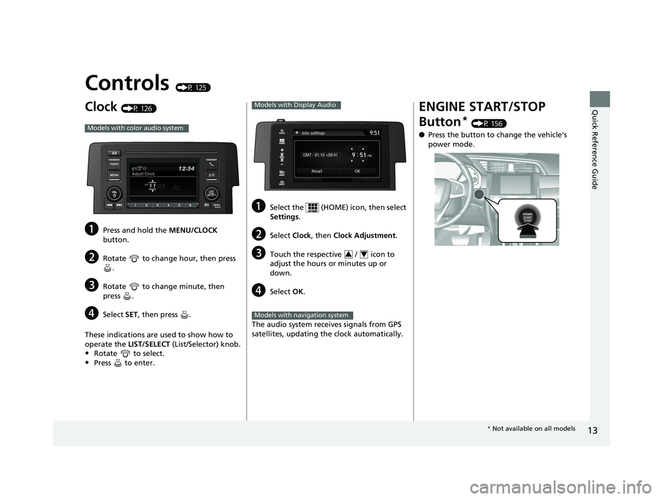 HONDA CIVIC COUPE 2018   (in English) User Guide 13
Quick Reference Guide
Controls (P 125)
Clock (P 126)
aPress and hold the MENU/CLOCK 
button.
bRotate   to change hour, then press  .
cRotate   to change minute, then 
press .
dSelect  SET, then pre