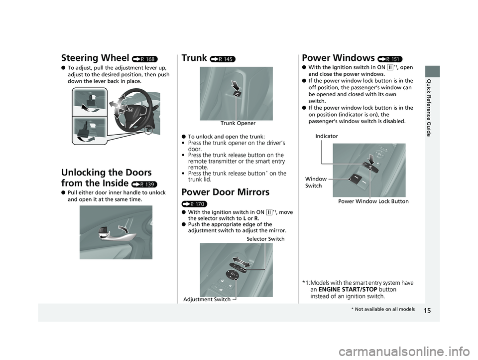 HONDA CIVIC COUPE 2018   (in English) User Guide 15
Quick Reference Guide
Steering Wheel (P 168)
● To adjust, pull the adjustment lever up, 
adjust to the desired position, then push 
down the lever back in place.
Unlocking the Doors 
from the Ins