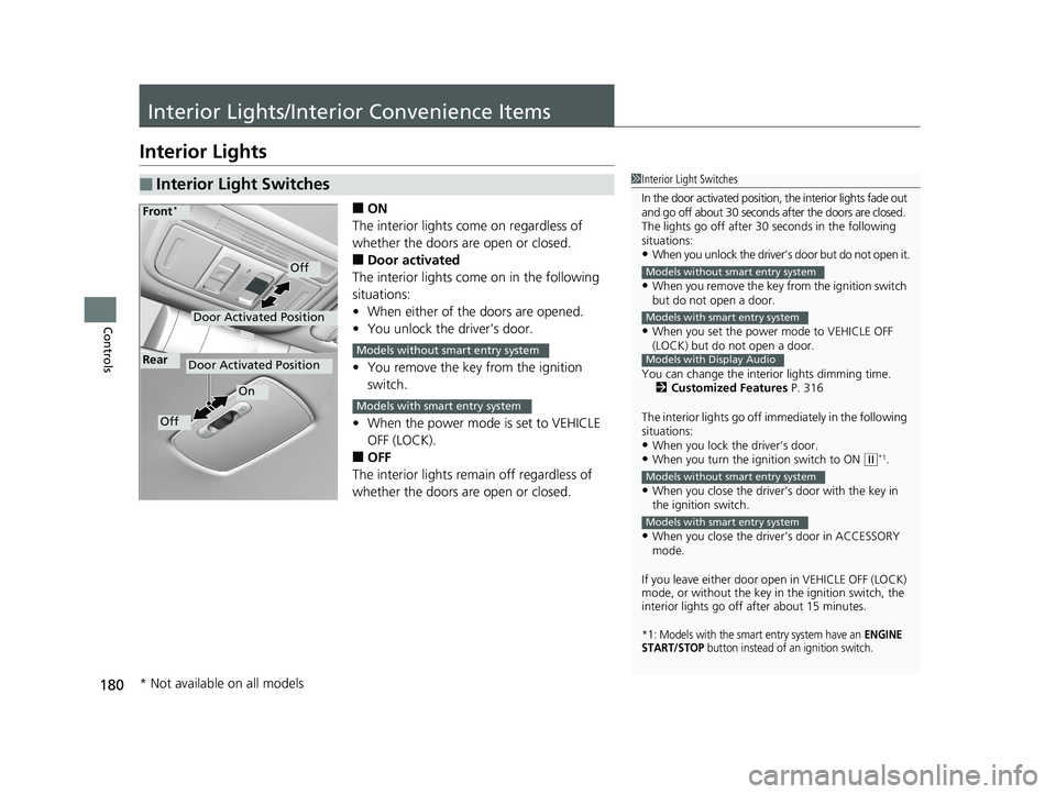 HONDA CIVIC COUPE 2018 Owners Manual (in English) 180
Controls
Interior Lights/Interior Convenience Items
Interior Lights
■ON
The interior lights come on regardless of
whether the doors are open or closed.
■Door activated
The interior lights com HONDA CIVIC COUPE 2018 Owners Manual (in English) 180
Controls
Interior Lights/Interior Convenience Items
Interior Lights
■ON
The interior lights come on regardless of
whether the doors are open or closed.
■Door activated
The interior lights com