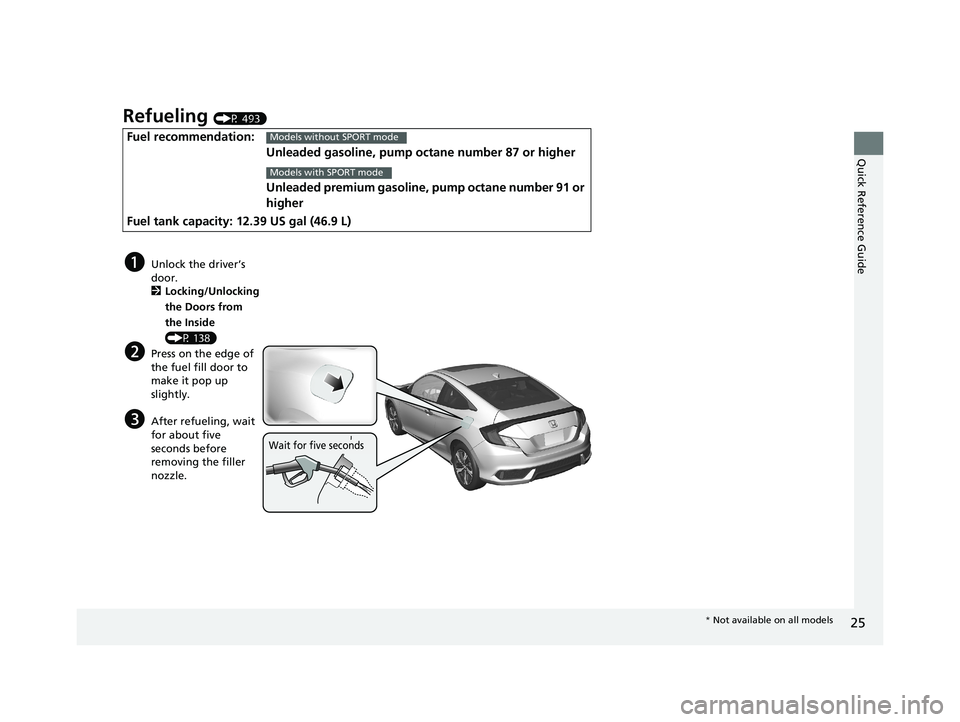 HONDA CIVIC COUPE 2018 (in English) Owners Guide 25
Quick Reference Guide
Refueling (P 493)
Fuel recommendation:Unleaded gasoline, pump octane number 87 or higher
Unleaded premium gasoline, pu mp octane number 91 or
higher
Fuel tank capacity: 12.39 HONDA CIVIC COUPE 2018 (in English) Owners Guide 25
Quick Reference Guide
Refueling (P 493)
Fuel recommendation:Unleaded gasoline, pump octane number 87 or higher
Unleaded premium gasoline, pu mp octane number 91 or
higher
Fuel tank capacity: 12.39