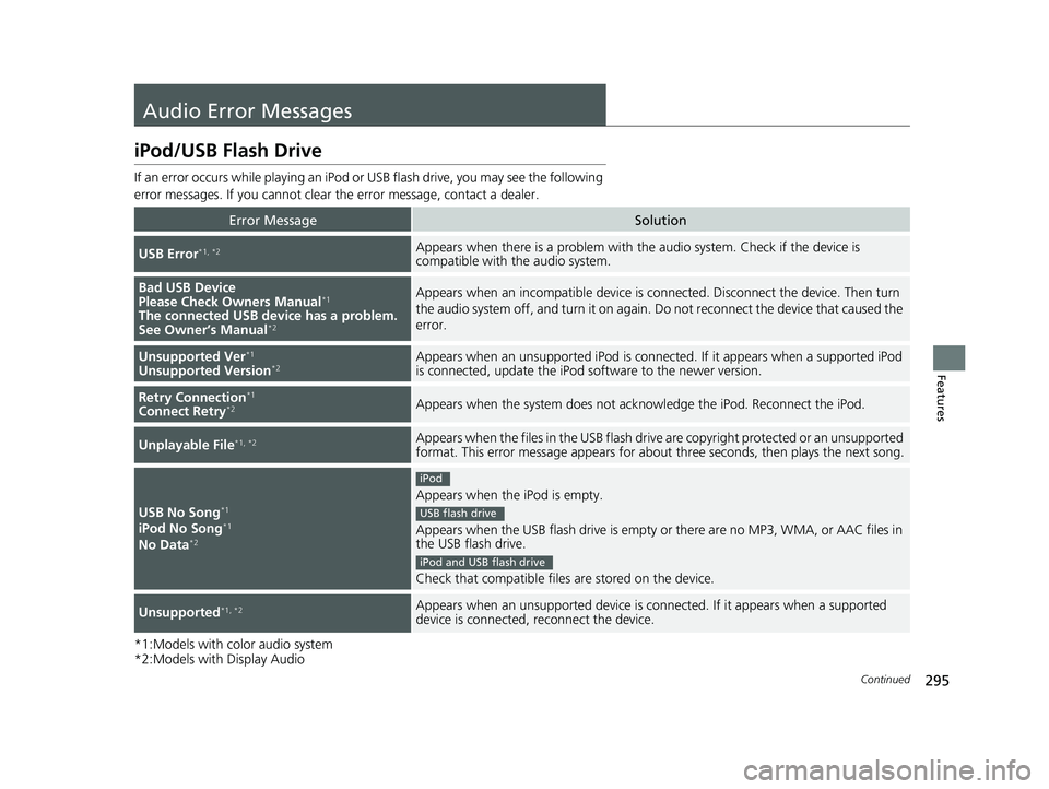 HONDA CIVIC COUPE 2018 Owners Manual (in English) 295Continued
Features
Audio Error Messages
iPod/USB Flash Drive
If an error occurs while playing an iPod or USB flash drive, you may see the following
error messages. If you cannot clear the error me HONDA CIVIC COUPE 2018 Owners Manual (in English) 295Continued
Features
Audio Error Messages
iPod/USB Flash Drive
If an error occurs while playing an iPod or USB flash drive, you may see the following
error messages. If you cannot clear the error me