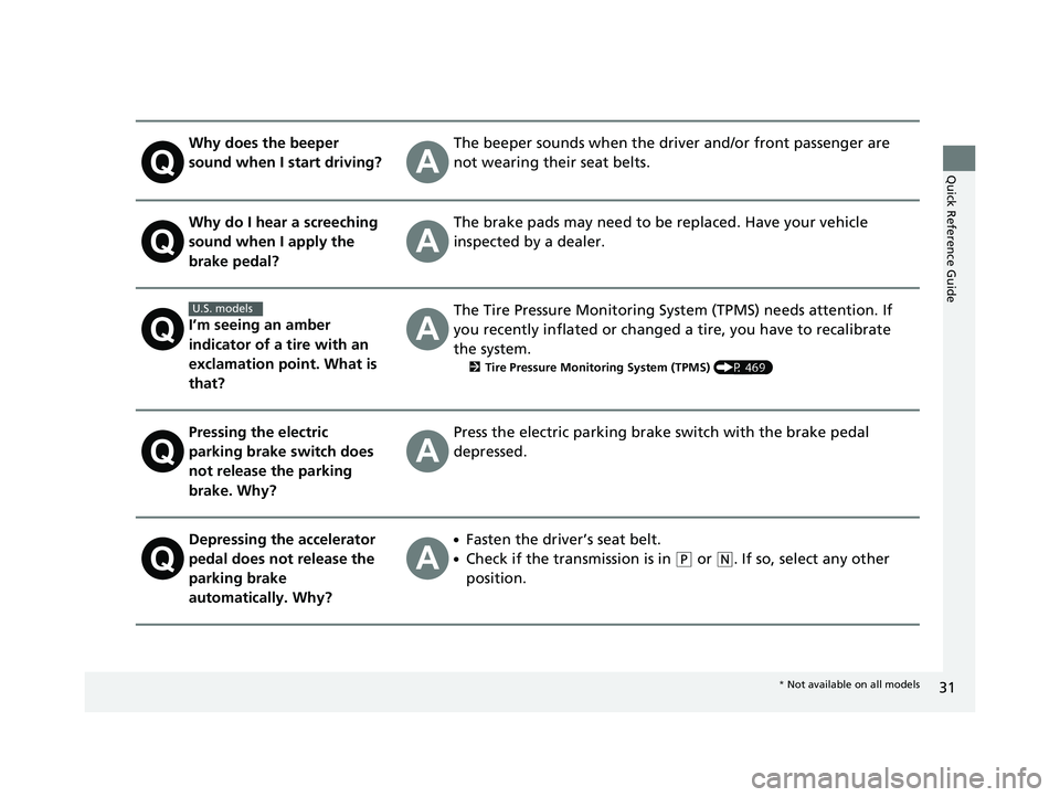 HONDA CIVIC COUPE 2018 (in English) Owners Guide 31
Quick Reference Guide
Why does the beeper
sound when I start driving?The beeper sounds when the driver and/or front passenger are
not wearing their seat belts.
Why do I hear a screeching
sound w HONDA CIVIC COUPE 2018 (in English) Owners Guide 31
Quick Reference Guide
Why does the beeper
sound when I start driving?The beeper sounds when the driver and/or front passenger are
not wearing their seat belts.
Why do I hear a screeching
sound w