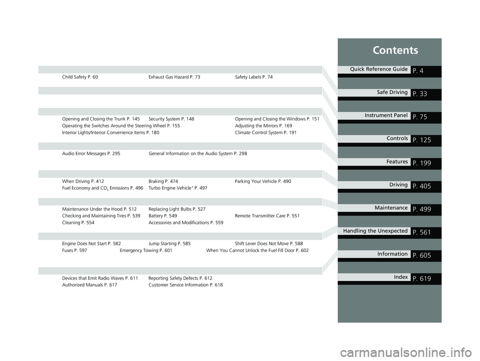 HONDA CIVIC COUPE 2018 Owners Manual (in English) Contents
Child Safety P. 60Exhaust Gas Hazard P. 73Safety Labels P. 74
Opening and Closing the Trunk P. 145 Security System P. 148 Opening and Closing the Windows P. 151
Operating the Switches Around HONDA CIVIC COUPE 2018 Owners Manual (in English) Contents
Child Safety P. 60Exhaust Gas Hazard P. 73Safety Labels P. 74
Opening and Closing the Trunk P. 145 Security System P. 148 Opening and Closing the Windows P. 151
Operating the Switches Around
