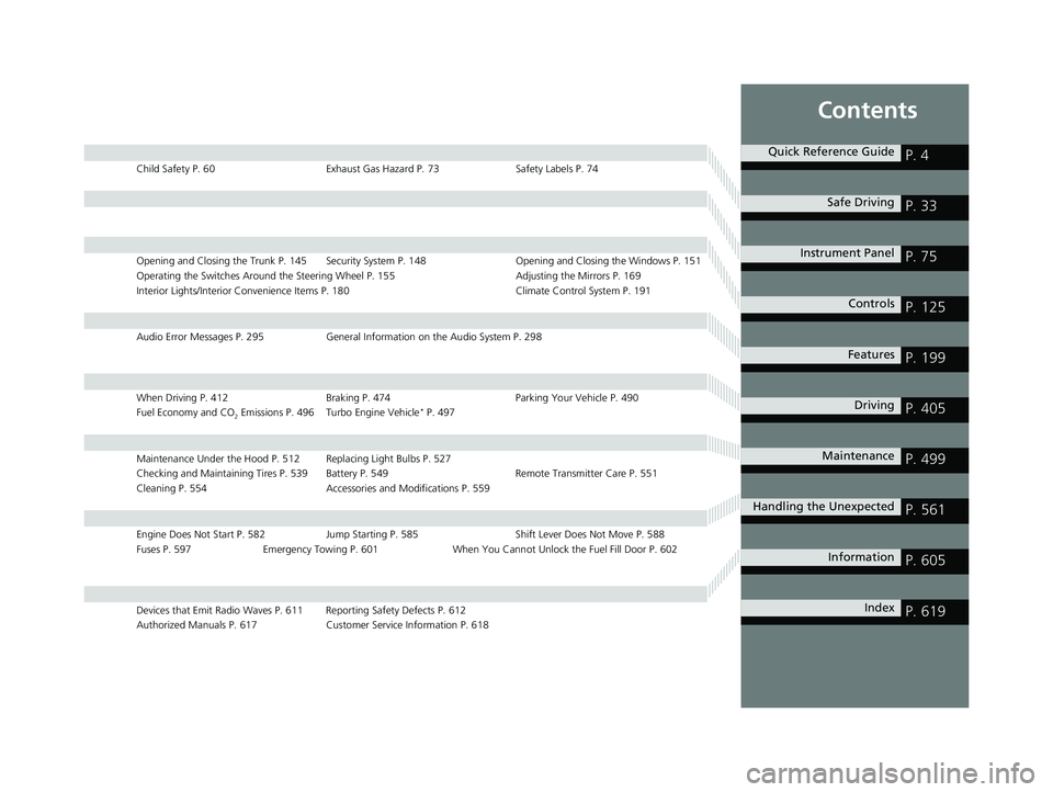 HONDA CIVIC COUPE 2018  Owners Manual (in English) Contents
Child Safety P. 60Exhaust Gas Hazard P. 73Safety Labels P. 74
Opening and Closing the Trunk P. 145 Security System P. 148 Opening and Closing the Windows P. 151
Operating the Switches Around 