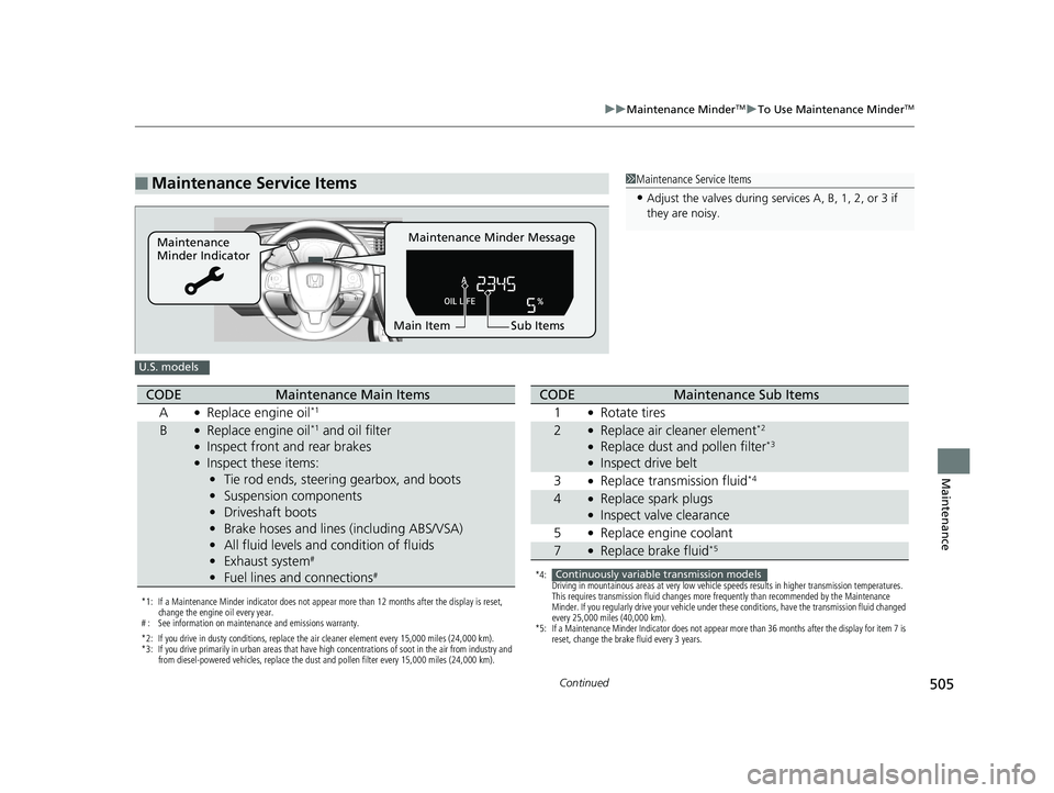 HONDA CIVIC COUPE 2018 Owners Manual (in English) 505
uuMaintenance MinderTMuTo Use Maintenance MinderTM
Continued
Maintenance
■Maintenance Service Items1Maintenance Service Items
•Adjust the valves during services A, B, 1, 2, or 3 if
they are n HONDA CIVIC COUPE 2018 Owners Manual (in English) 505
uuMaintenance MinderTMuTo Use Maintenance MinderTM
Continued
Maintenance
■Maintenance Service Items1Maintenance Service Items
•Adjust the valves during services A, B, 1, 2, or 3 if
they are n