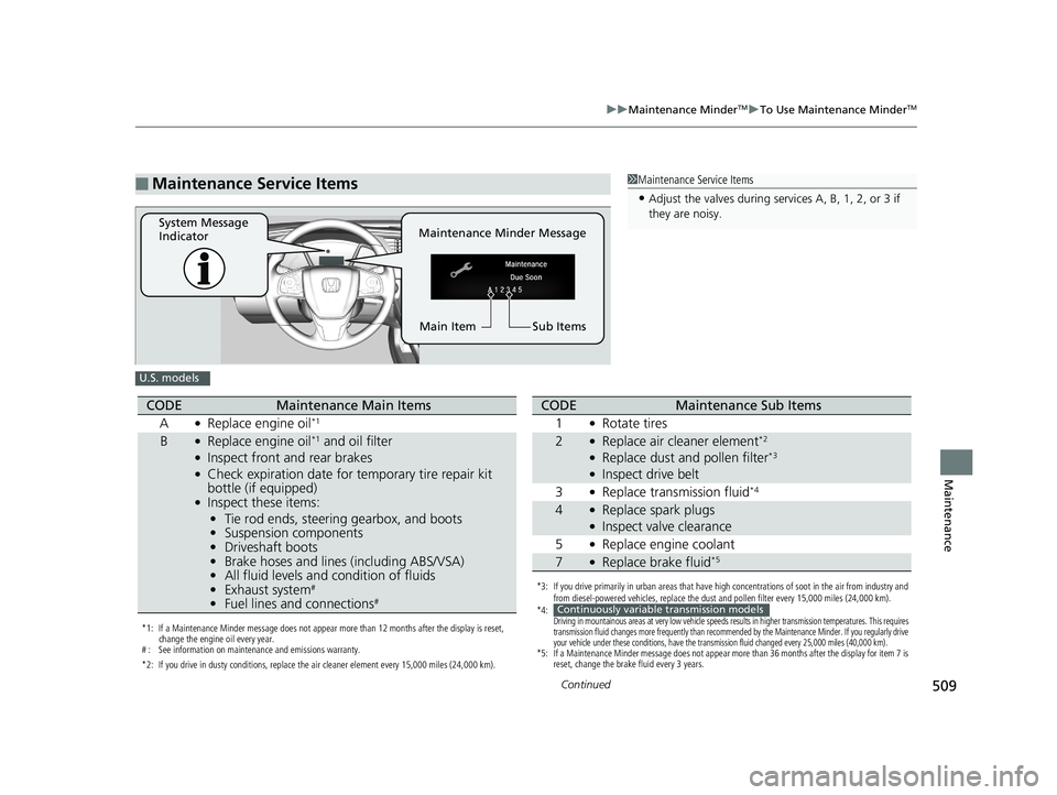 HONDA CIVIC COUPE 2018 Owners Manual (in English) 509
uuMaintenance MinderTMuTo Use Maintenance MinderTM
Continued
Maintenance
■Maintenance Service Items1Maintenance Service Items
•Adjust the valves during services A, B, 1, 2, or 3 if
they are n HONDA CIVIC COUPE 2018 Owners Manual (in English) 509
uuMaintenance MinderTMuTo Use Maintenance MinderTM
Continued
Maintenance
■Maintenance Service Items1Maintenance Service Items
•Adjust the valves during services A, B, 1, 2, or 3 if
they are n