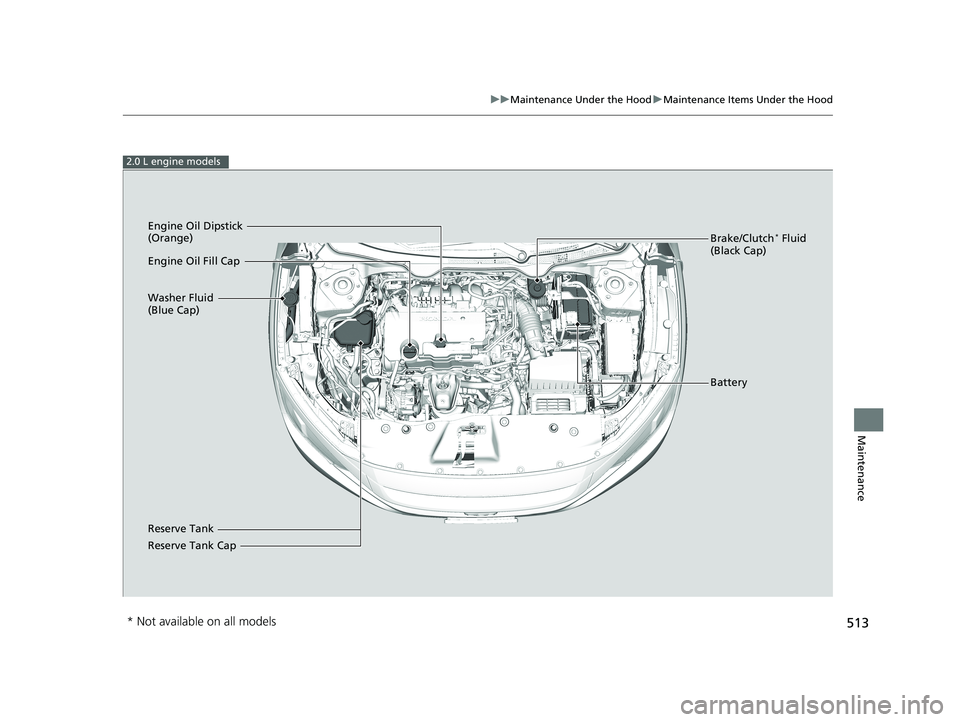 HONDA CIVIC COUPE 2018  Owners Manual (in English) 513
uuMaintenance Under the Hood uMaintenance Items Under the Hood
Maintenance
2.0 L engine models
Brake/Clutch* Fluid 
(Black Cap)
Reserve Tank Washer Fluid 
(Blue Cap) Engine Oil Dipstick 
(Orange)
