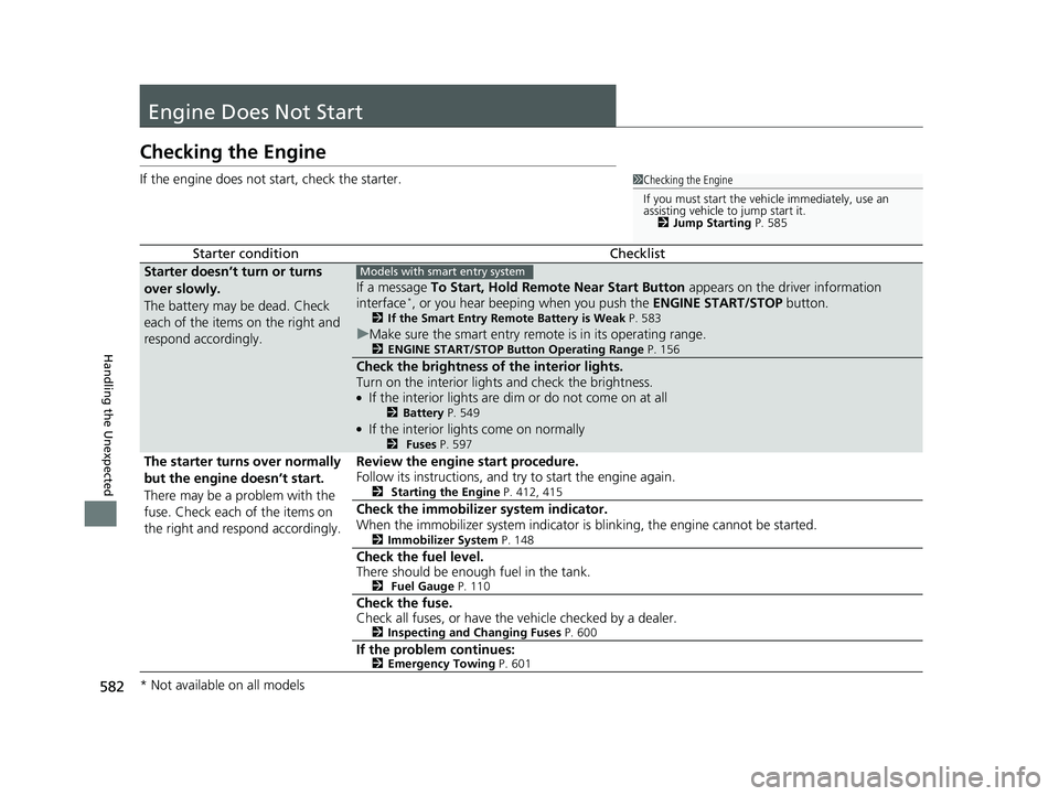 HONDA CIVIC COUPE 2018 Owners Manual (in English) 582
Handling the Unexpected
Engine Does Not Start
Checking the Engine
If the engine does not start, check the starter.
Starter conditionChecklist
Starter doesn’t turn or turns
over slowly.
The batt HONDA CIVIC COUPE 2018 Owners Manual (in English) 582
Handling the Unexpected
Engine Does Not Start
Checking the Engine
If the engine does not start, check the starter.
Starter conditionChecklist
Starter doesn’t turn or turns
over slowly.
The batt
