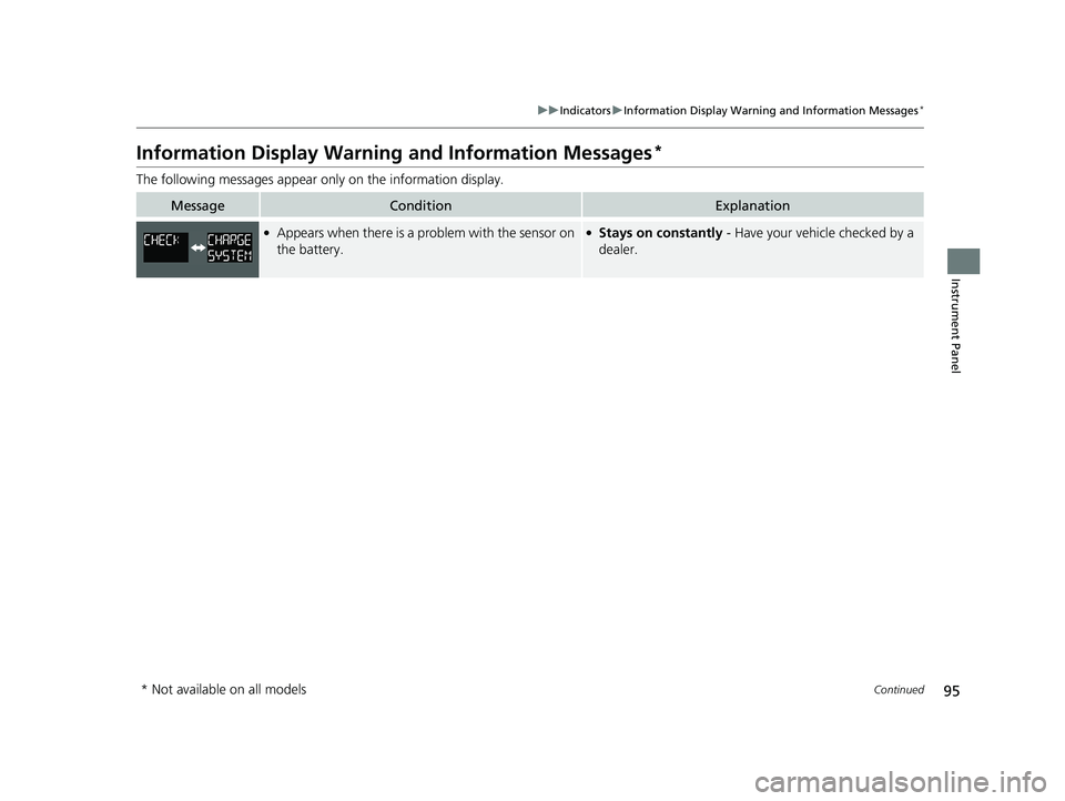 HONDA CIVIC COUPE 2018 (in English) Owners Manual 95
uuIndicators uInformation Display Warning and Information Messages*
Continued
Instrument Panel
Information Display Warning and Information Messages*
The following messages appear on ly on the info HONDA CIVIC COUPE 2018 (in English) Owners Manual 95
uuIndicators uInformation Display Warning and Information Messages*
Continued
Instrument Panel
Information Display Warning and Information Messages*
The following messages appear on ly on the info