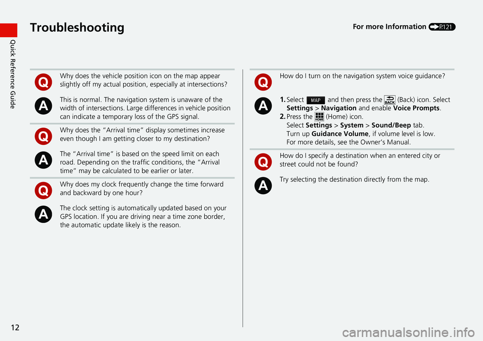 HONDA CIVIC COUPE 2018  Navigation Manual (in English) 12
Quick Reference GuideTroubleshootingFor more Information (P121)
Why does the vehicle position icon on the map appear 
slightly off my actual position, especially at intersections?
This is normal. T