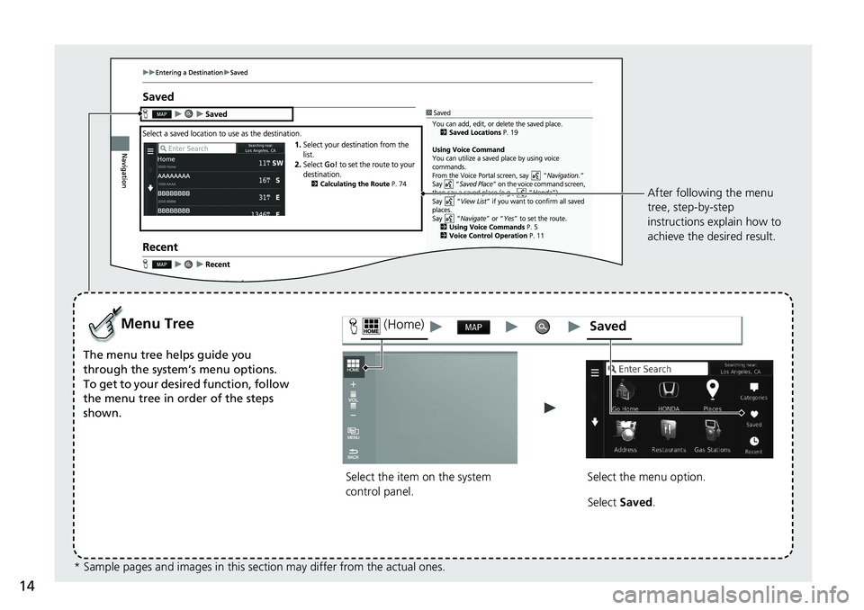 HONDA CIVIC COUPE 2018  Navigation Manual (in English) 14
Select the item on the system 
control panel.
Menu Tree
The menu tree helps guide you 
through the system’s menu options.
To get to your desired function, follow 
the menu tree in order of the st