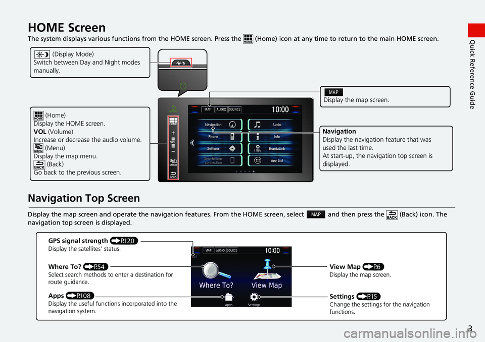 HONDA CIVIC COUPE 2018 Navigation Manual (in English) 3
Quick Reference GuideHOME Screen
The system displays various functions from the HOME screen. Press the (Home) icon at any time to return to the main HOME screen.
Navigation Top Screen
Display t HONDA CIVIC COUPE 2018 Navigation Manual (in English) 3
Quick Reference GuideHOME Screen
The system displays various functions from the HOME screen. Press the (Home) icon at any time to return to the main HOME screen.
Navigation Top Screen
Display t