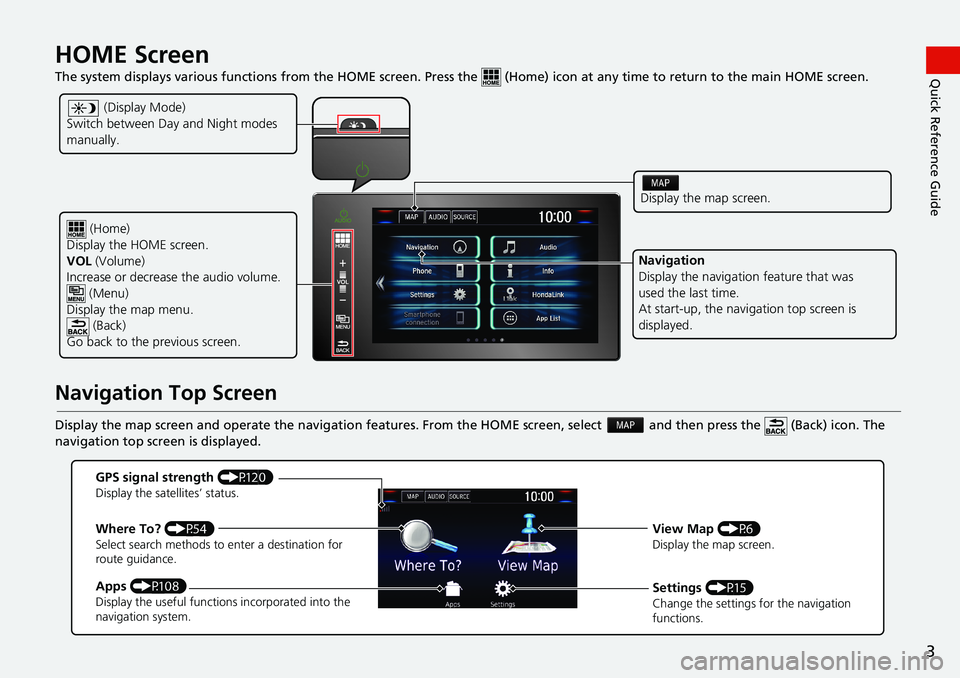 HONDA CIVIC SEDAN 2018  Navigation Manual (in English) 3
Quick Reference GuideHOME Screen   
The system displays various functions from the HOME screen. Press the   (Home) icon at any time to return to the main HOME screen.
Navigation Top Screen
Display t