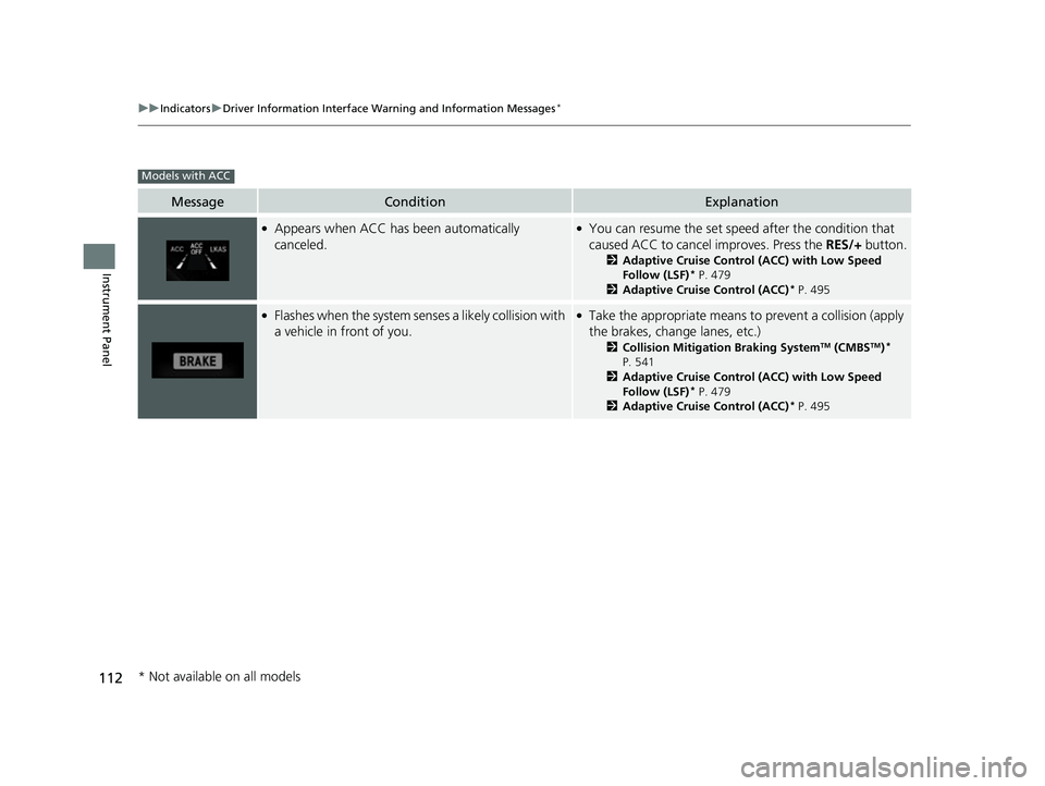 HONDA CIVIC HATCHBACK 2018  Owners Manual (in English) 112
uuIndicators uDriver Information Interface Wa rning and Information Messages*
Instrument Panel
MessageConditionExplanation
●Appears when ACC has been automatically 
canceled.●You can resume th