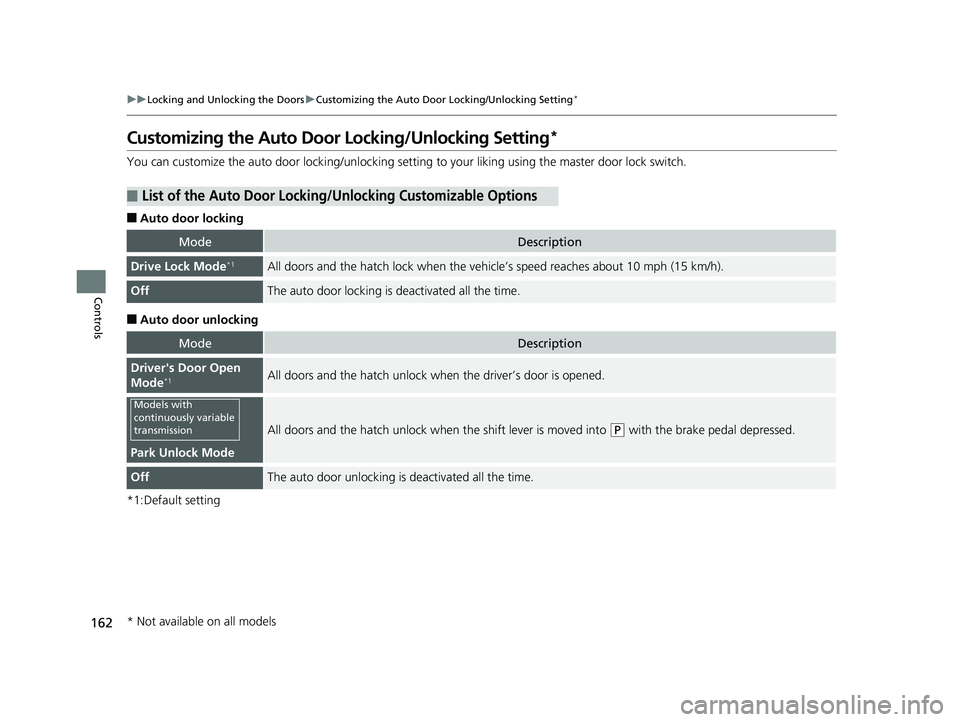 HONDA CIVIC HATCHBACK 2018 Owners Manual (in English) 162
uuLocking and Unlocking the Doors uCustomizing the Auto Door Locking/Unlocking Setting*
Controls
Customizing the Auto Door Locking/Unlocking Setting*
You can customize the auto door locking/unloc HONDA CIVIC HATCHBACK 2018 Owners Manual (in English) 162
uuLocking and Unlocking the Doors uCustomizing the Auto Door Locking/Unlocking Setting*
Controls
Customizing the Auto Door Locking/Unlocking Setting*
You can customize the auto door locking/unloc