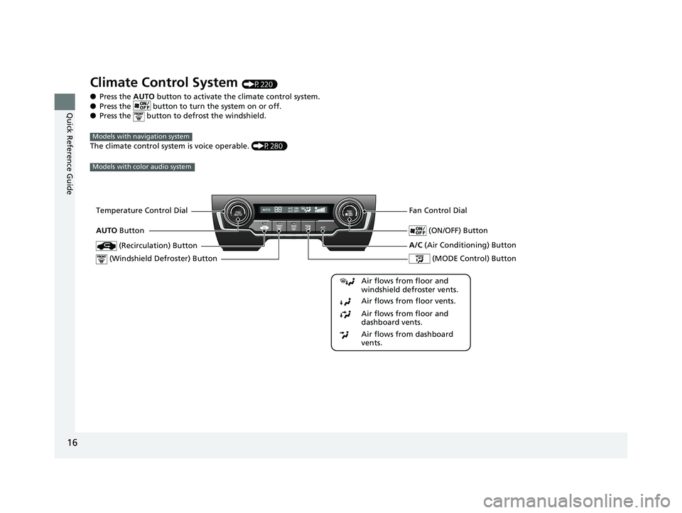 HONDA CIVIC HATCHBACK 2018 Owners Manual (in English) 16
Quick Reference Guide
Climate Control System (P220)
● Press the AUTO button to activate the climate control system.
● Press the button to turn the system on or off.
● Press the button to HONDA CIVIC HATCHBACK 2018 Owners Manual (in English) 16
Quick Reference Guide
Climate Control System (P220)
● Press the AUTO button to activate the climate control system.
● Press the button to turn the system on or off.
● Press the button to