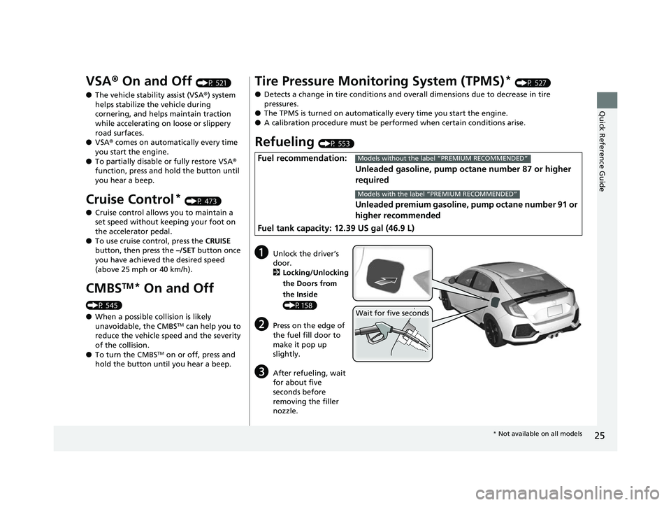 HONDA CIVIC HATCHBACK 2018  Owners Manual (in English) 25
Quick Reference Guide
VSA® On and Off (P 521)
● The vehicle stability assist (VSA ®) system 
helps stabilize the vehicle during 
cornering, and helps maintain traction 
while accelerating on lo