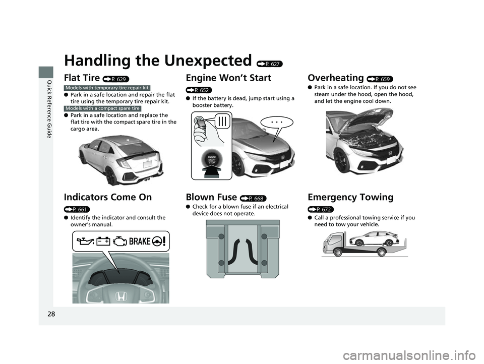 HONDA CIVIC HATCHBACK 2018 (in English) Owners Guide 28
Quick Reference Guide
Handling the Unexpected (P 627)
Flat Tire (P 629)
● Park in a safe location and repair the flat
tire using the temporary tire repair kit.
● Park in a safe location and re HONDA CIVIC HATCHBACK 2018 (in English) Owners Guide 28
Quick Reference Guide
Handling the Unexpected (P 627)
Flat Tire (P 629)
● Park in a safe location and repair the flat
tire using the temporary tire repair kit.
● Park in a safe location and re