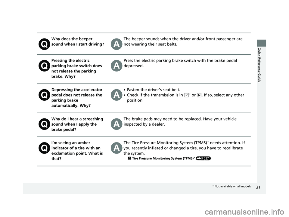 HONDA CIVIC HATCHBACK 2018 (in English) Owners Guide 31
Quick Reference Guide
Why does the beeper
sound when I start driving?The beeper sounds when the driver and/or front passenger are
not wearing their seat belts.
Pressing the electric
parking brak HONDA CIVIC HATCHBACK 2018 (in English) Owners Guide 31
Quick Reference Guide
Why does the beeper
sound when I start driving?The beeper sounds when the driver and/or front passenger are
not wearing their seat belts.
Pressing the electric
parking brak