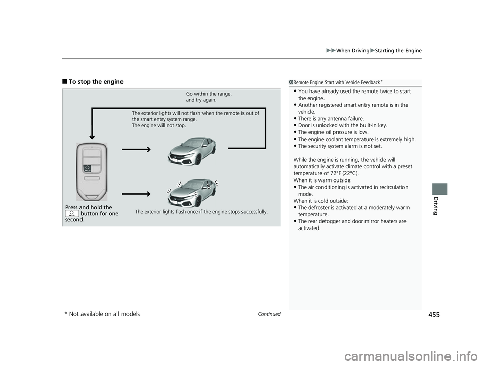 HONDA CIVIC HATCHBACK 2018 Owners Manual (in English) Continued455
uuWhen Driving uStarting the Engine
Driving
■To stop the engine1Remote Engine Start with Vehicle Feedback*
•You have already used the remote twice to start
the engine.
•Another reg HONDA CIVIC HATCHBACK 2018 Owners Manual (in English) Continued455
uuWhen Driving uStarting the Engine
Driving
■To stop the engine1Remote Engine Start with Vehicle Feedback*
•You have already used the remote twice to start
the engine.
•Another reg
