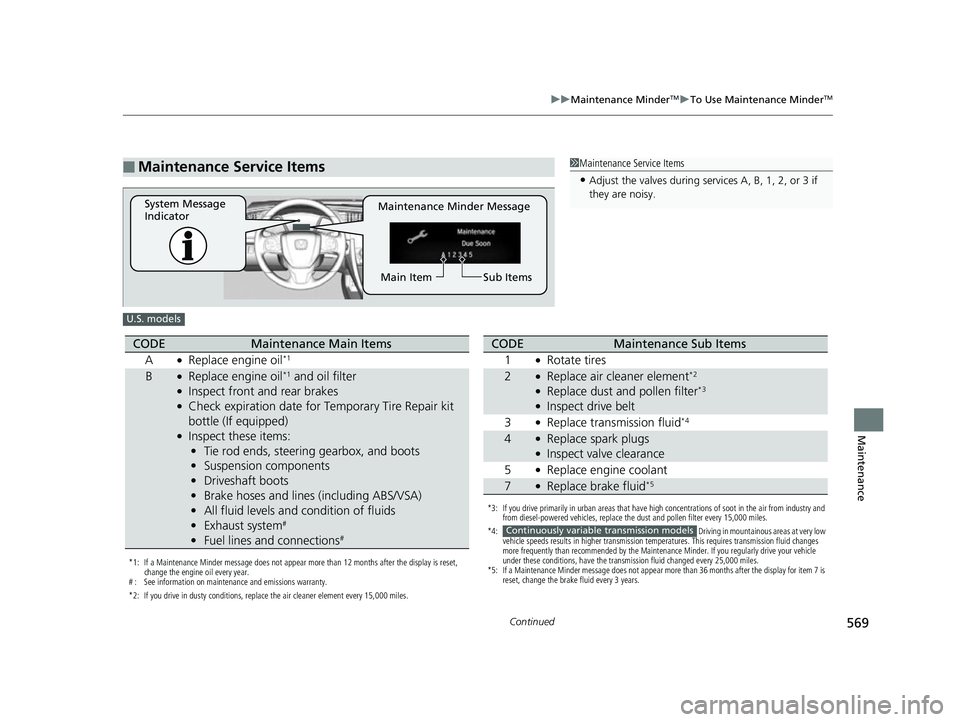 HONDA CIVIC HATCHBACK 2018  Owners Manual (in English) 569
uuMaintenance MinderTMuTo Use Maintenance MinderTM
Continued
Maintenance
■Maintenance Service Items1Maintenance Service Items
•Adjust the valves during services A, B, 1, 2, or 3 if 
they are n