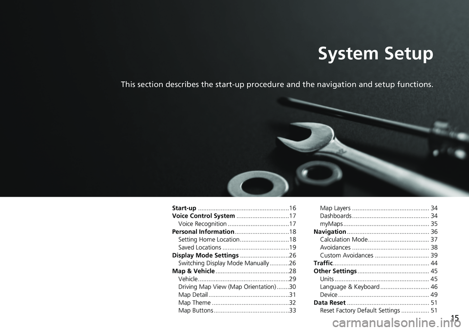 HONDA CIVIC HATCHBACK 2018 Navigation Manual (in English) 15
System Setup
This section describes the start-up procedure and the navigation and setup functions.
Start-up....................................................16
Voice Control System............... HONDA CIVIC HATCHBACK 2018 Navigation Manual (in English) 15
System Setup
This section describes the start-up procedure and the navigation and setup functions.
Start-up....................................................16
Voice Control System...............