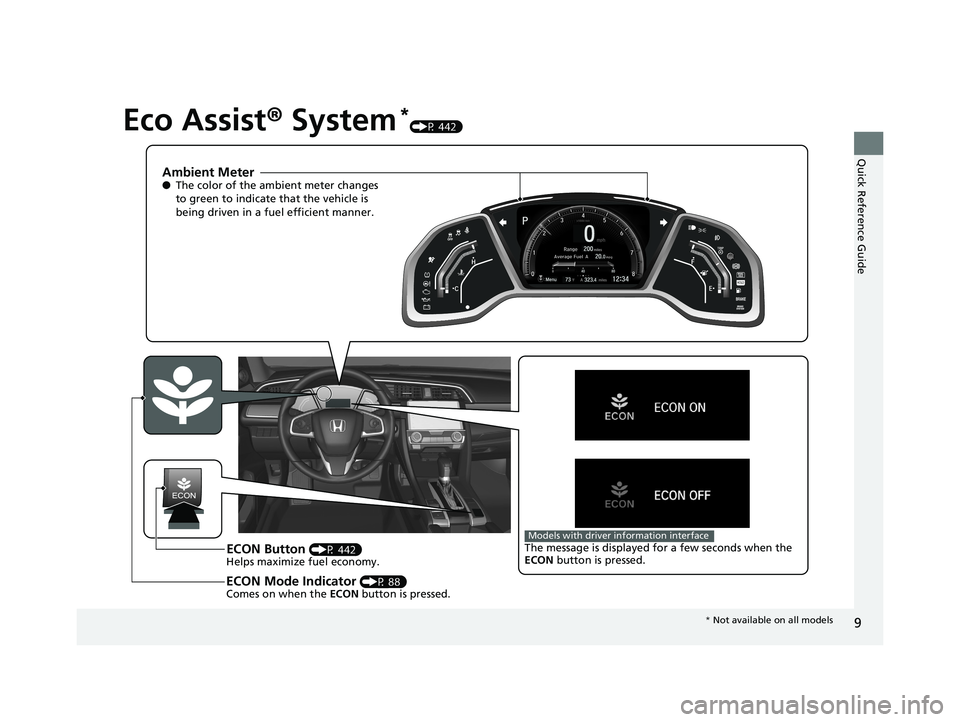 HONDA CIVIC SEDAN 2018  Owners Manual (in English) 9
Quick Reference Guide
Eco Assist® System*(P 442)
Ambient Meter●The color of the ambient meter changes 
to green to indicate that the vehicle is 
being driven in a fuel efficient manner.
ECON Butt
